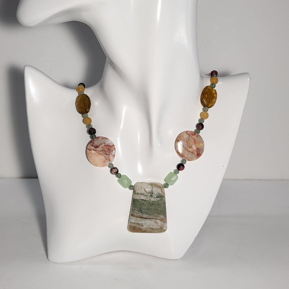 Gorgeous Multi Stone Necklace With Unusual Snake Toggle Clasp 24" Length